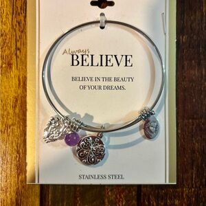Silver and Purple Believe Charm Bracelet